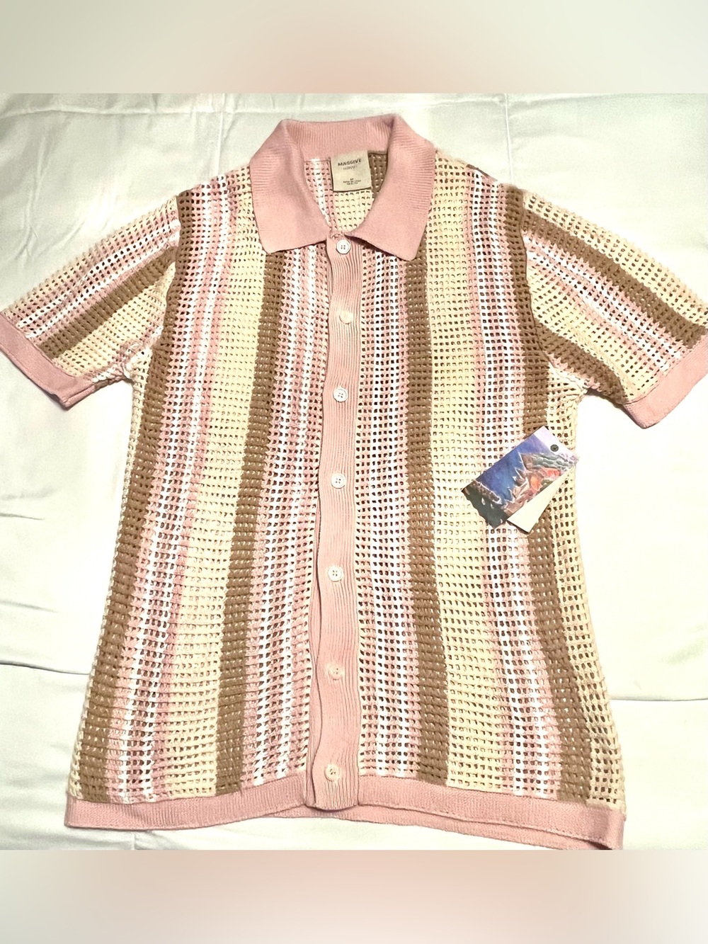 Massive‎ Luxury Pink, Cream & Brown Striped Crochet Polo Shirt-100% Cotton-Med